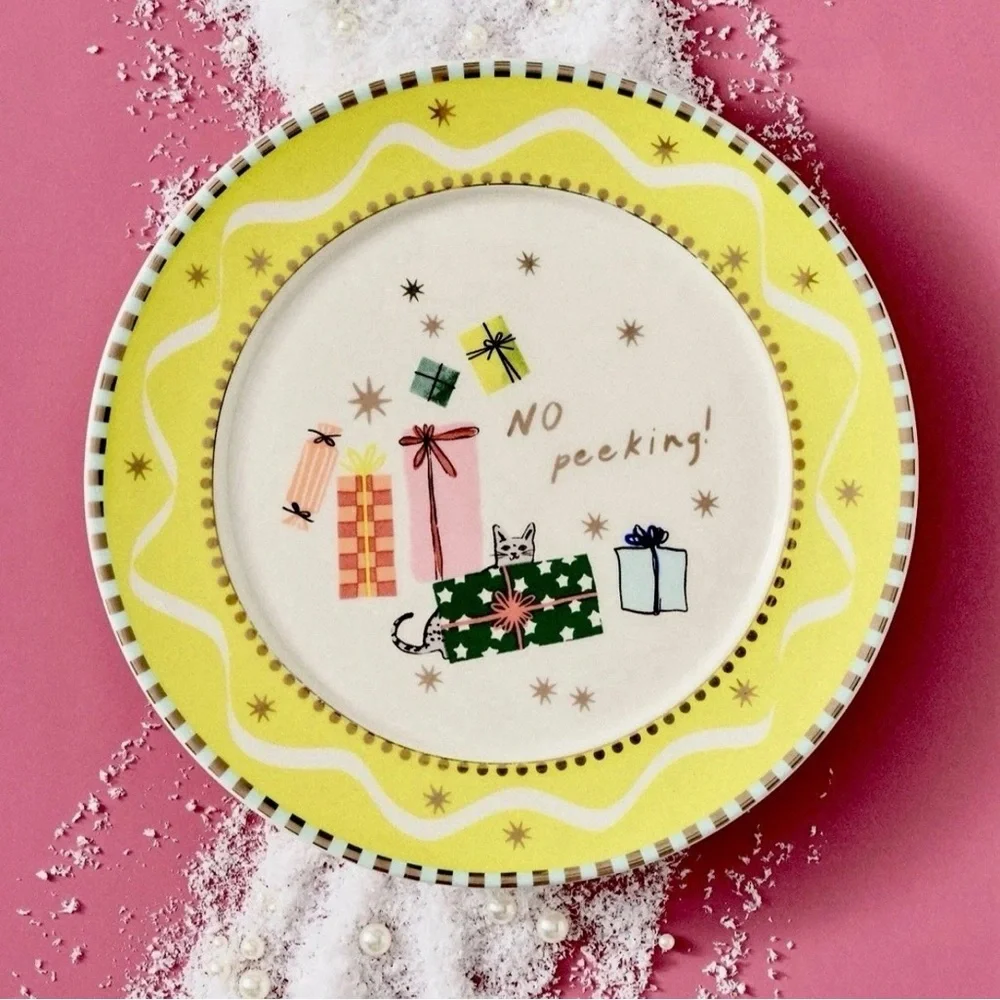 Set Of 2 NEW ANTHROPOLOGIE CAROLINE HOLIDAY DESSERT PLATES “No Peeking!”